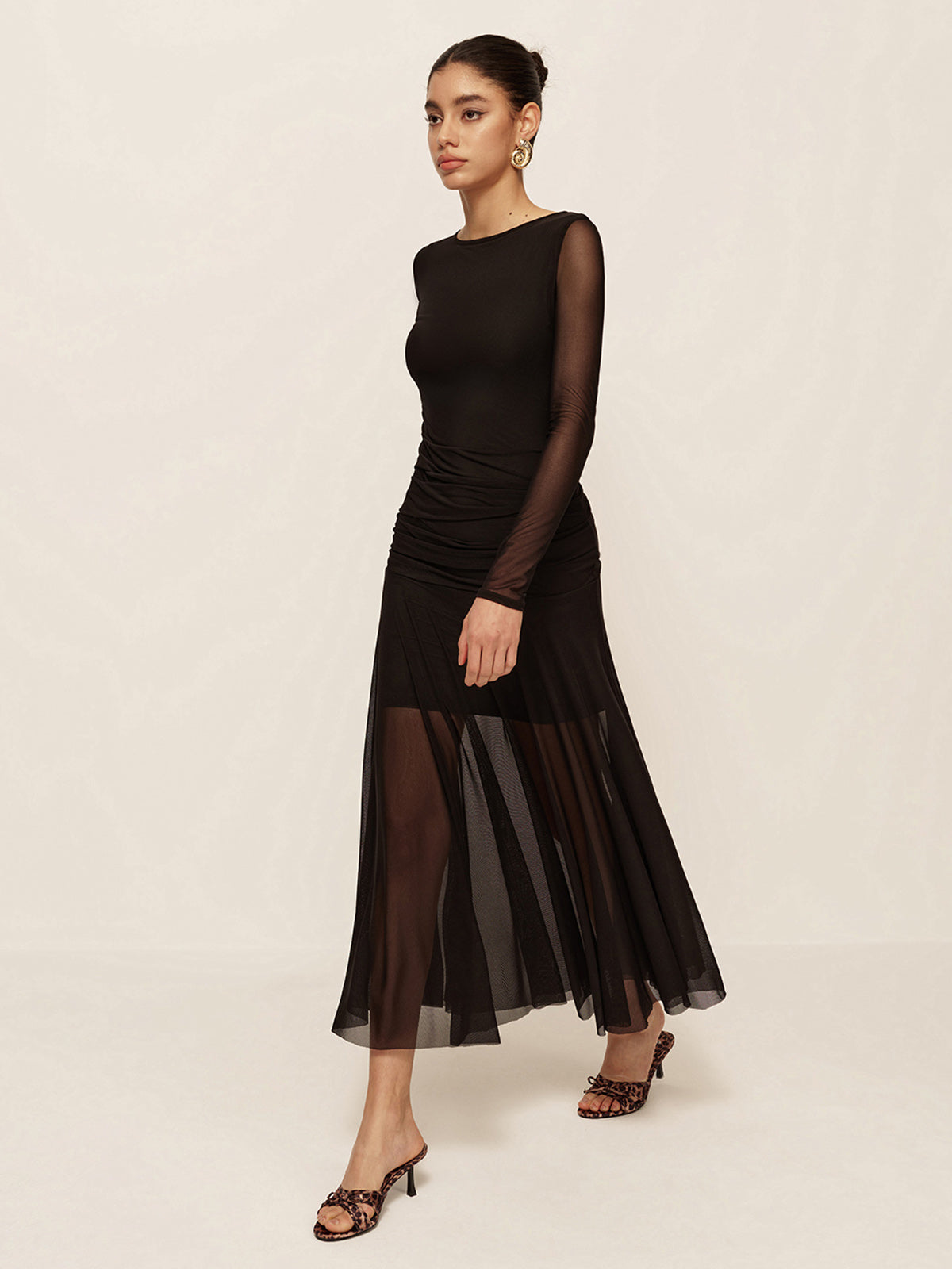 Sheer Pleated Hem Long Sleeve Ruched Dress