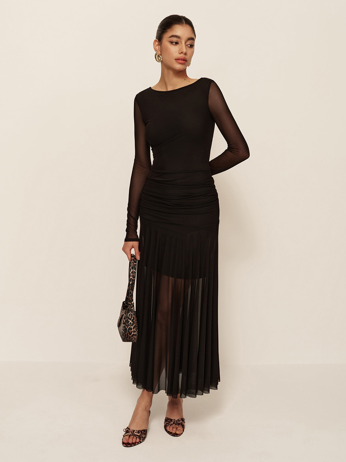 Sheer Pleated Hem Long Sleeve Ruched Dress