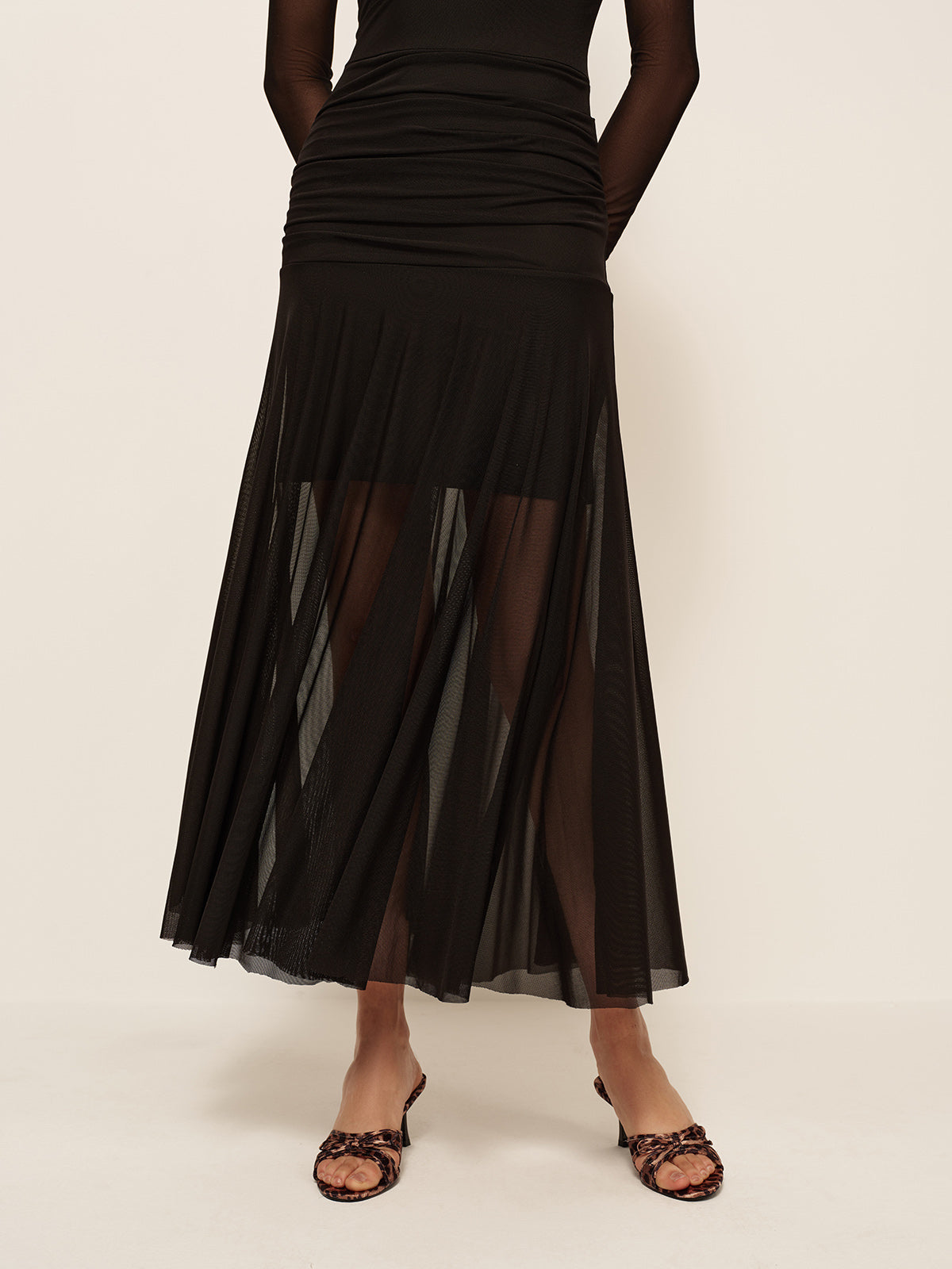 Sheer Pleated Hem Long Sleeve Ruched Dress