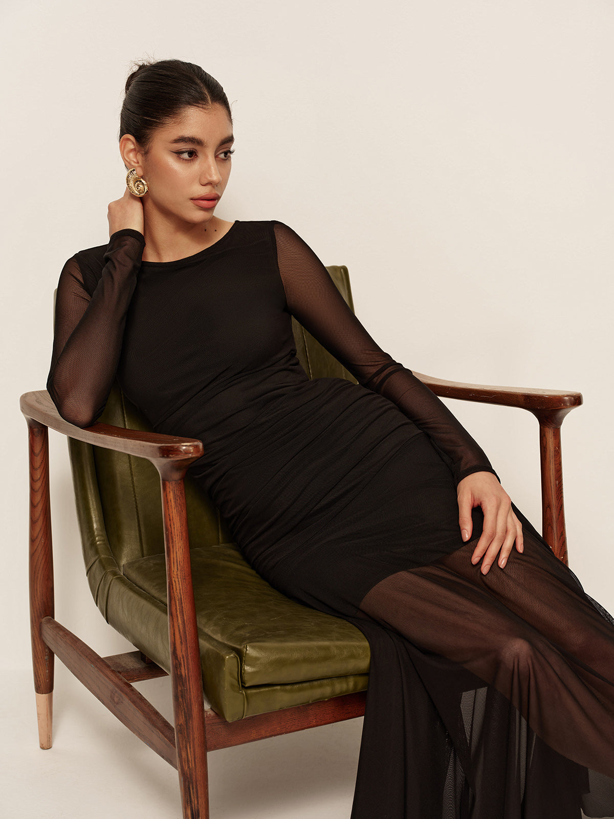 Sheer Pleated Hem Long Sleeve Ruched Dress