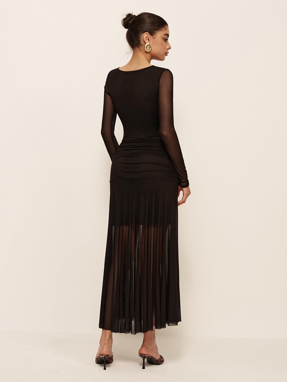 Sheer Pleated Hem Long Sleeve Ruched Dress