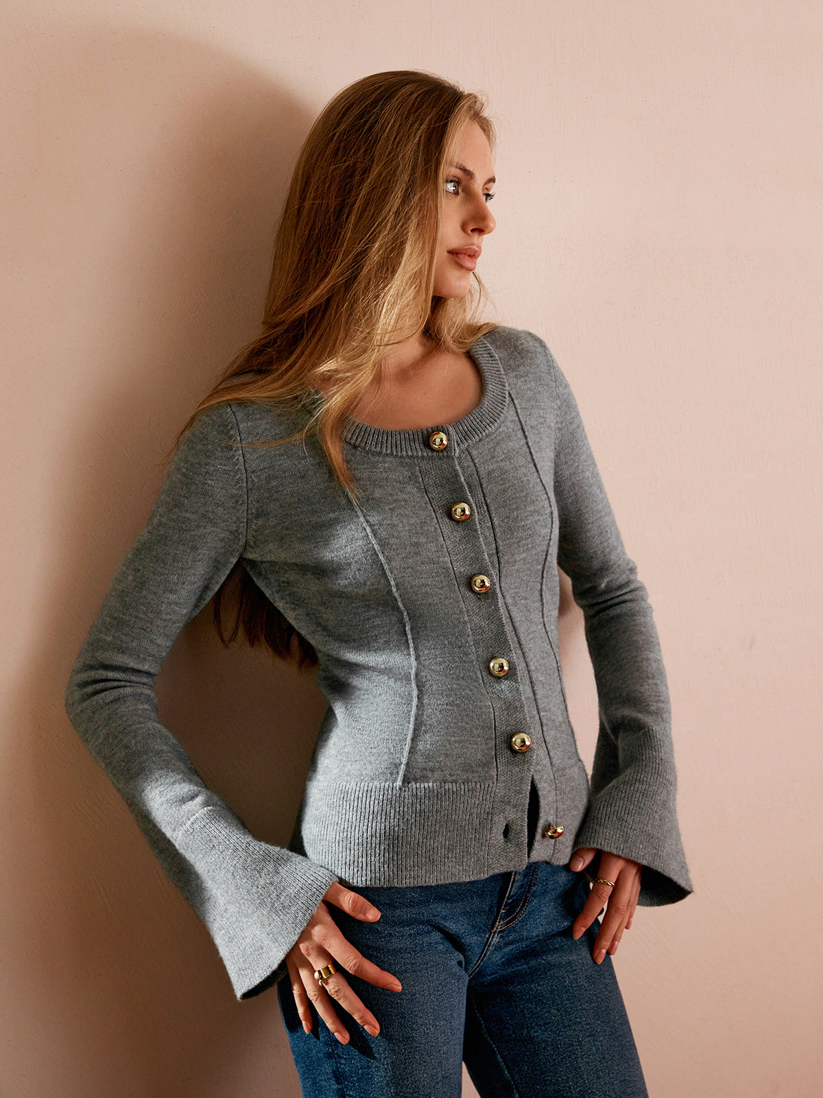 Breasted Bell Sleeve Slim Cardigan