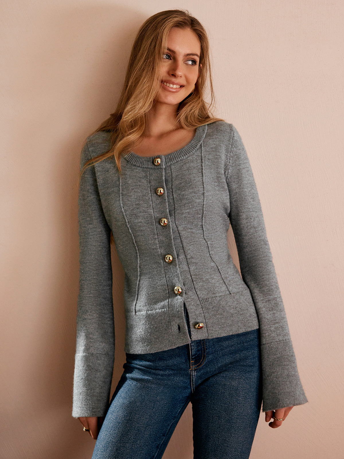 Breasted Bell Sleeve Slim Cardigan