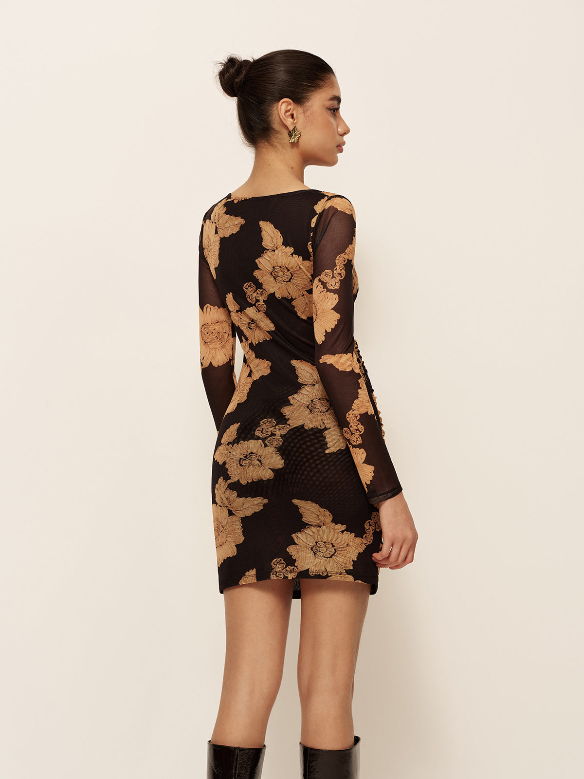 Asymmetrical Neck Long Sleeve Printed Dress