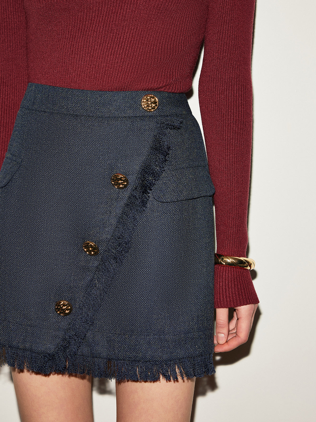 Mid-Waist Tweed Tassel Mini Skirt