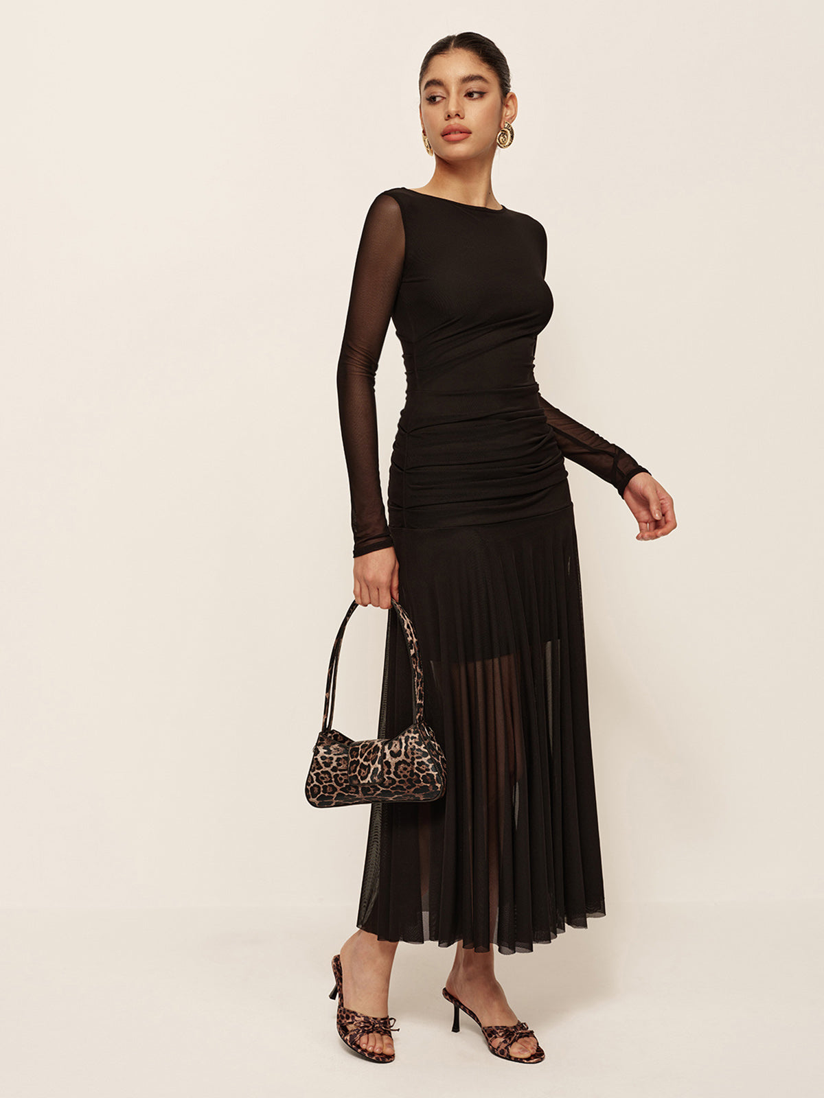 Sheer Pleated Hem Long Sleeve Ruched Dress