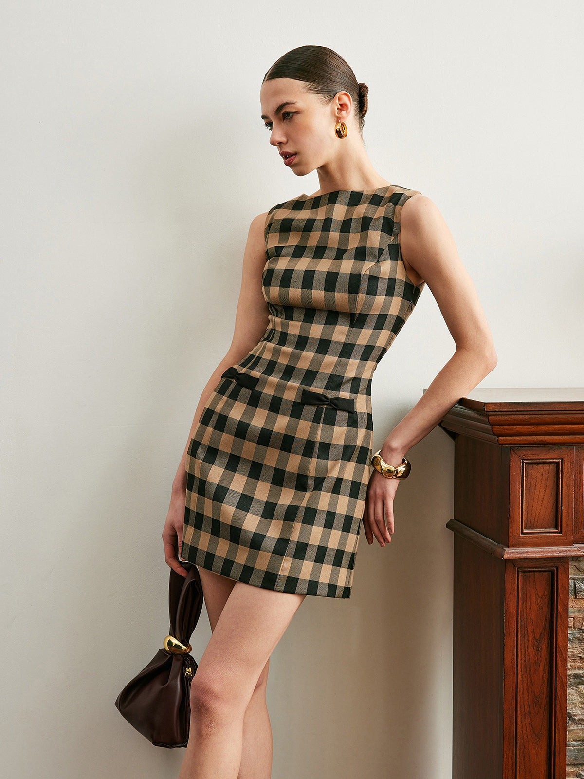 Vintage Plaid Sleeveless Bow Dress