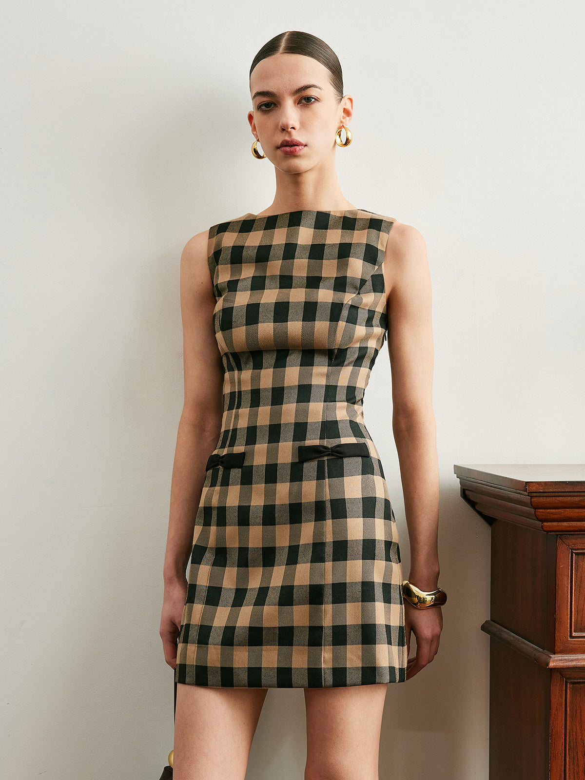 Vintage Plaid Sleeveless Bow Dress