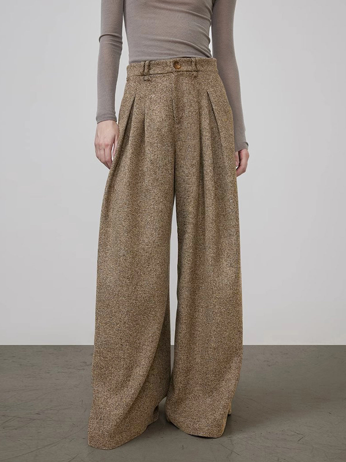 Mid-Waist Tweed Pleated Wide-Leg Pants