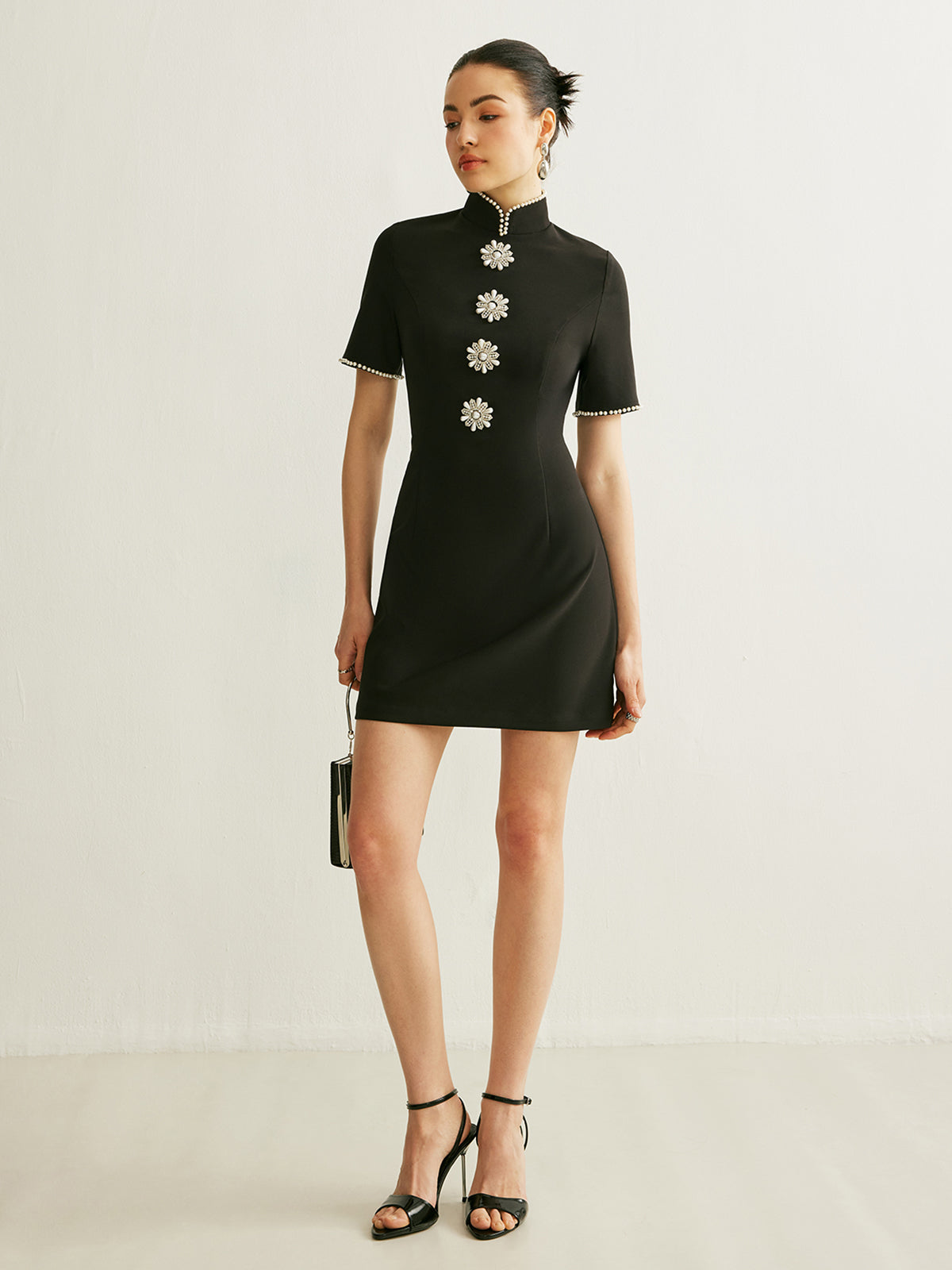 Stand Collar Pearl Trim Dress