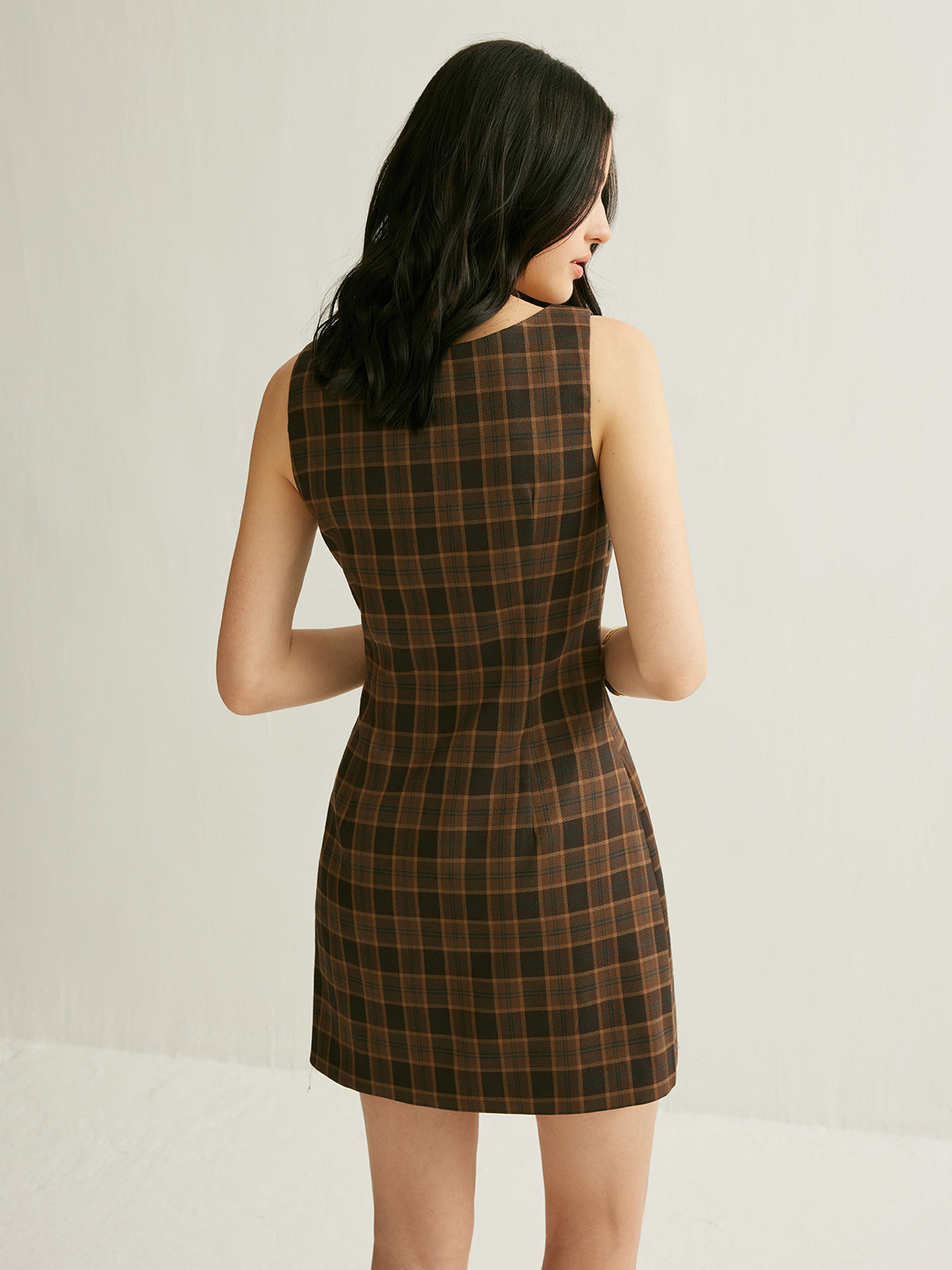 Checkerboard Knotted Sleeveless Short Dress