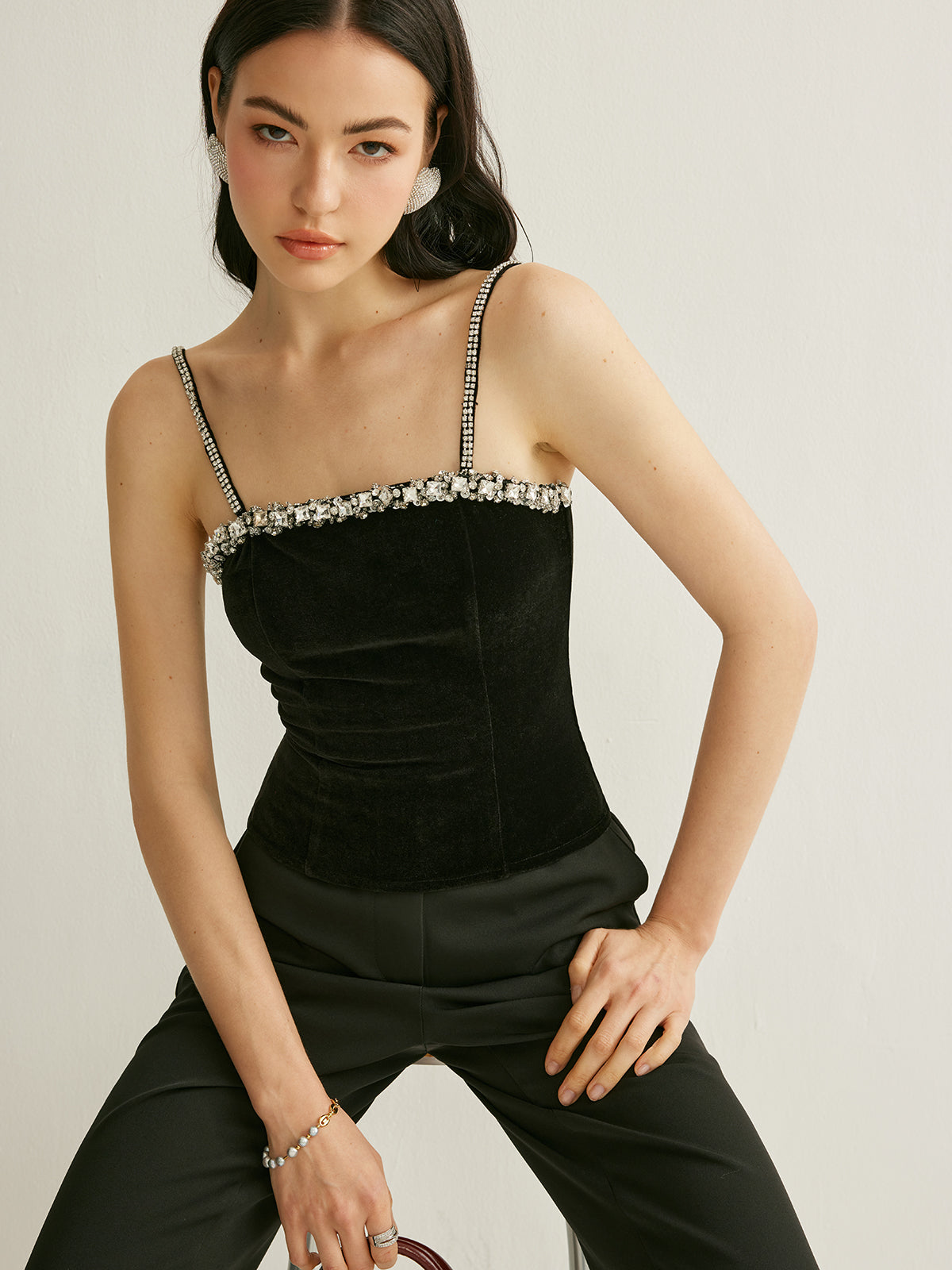 Rhinestone-Embellished Velvet Cami Top