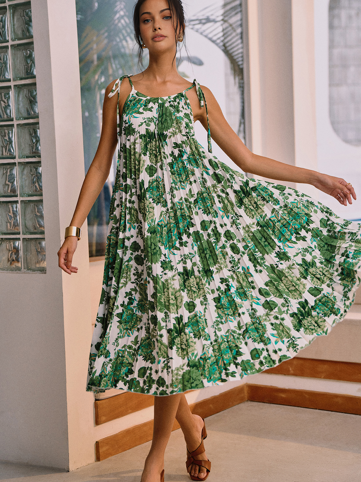 Floral Pleated Knotted Midi Dress