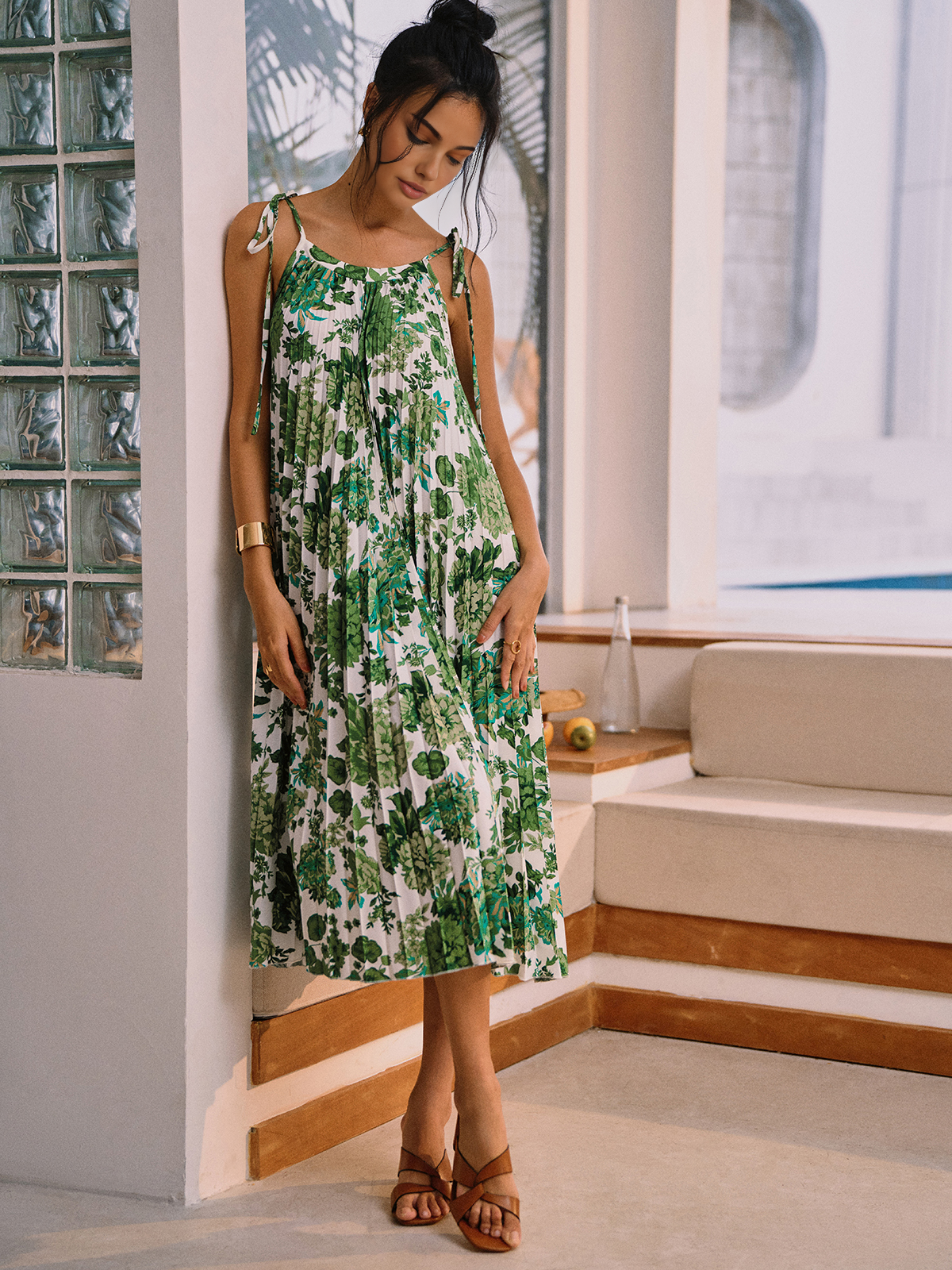 Floral Pleated Knotted Midi Dress