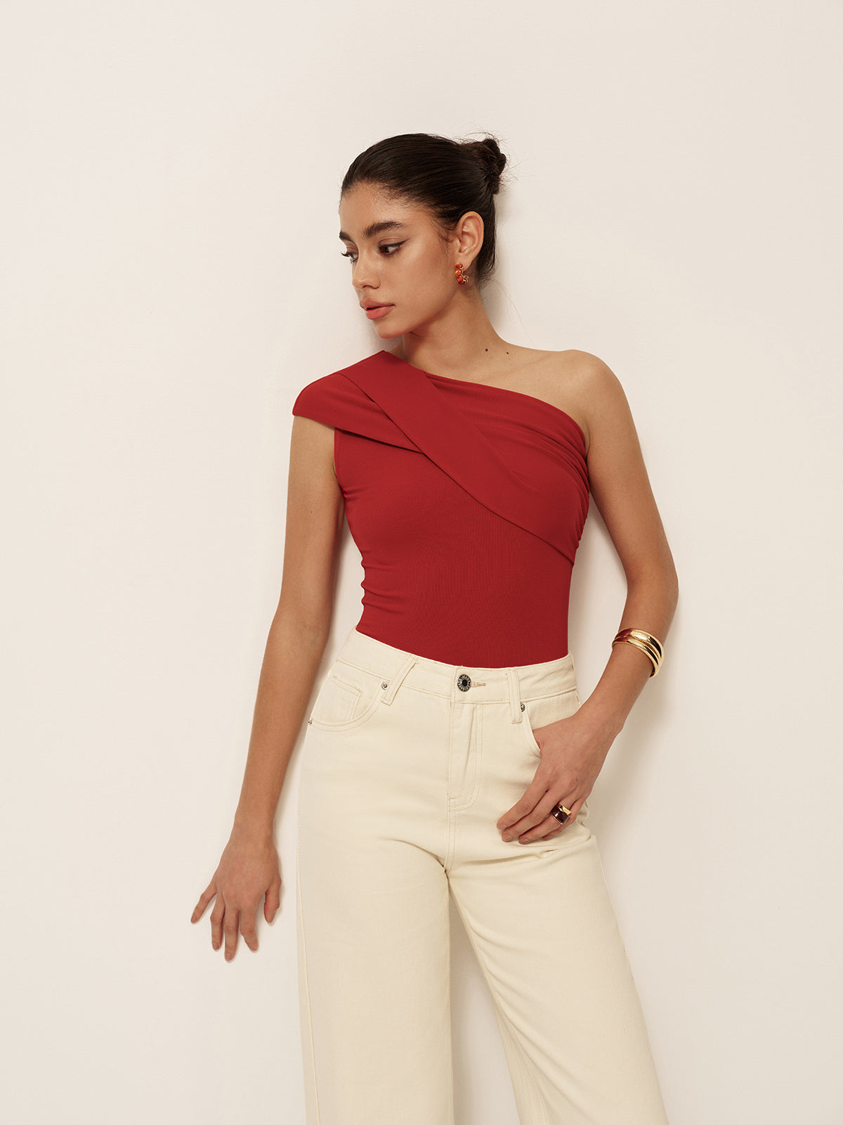 Asymmetrical Neck Sleeveless Jersey Top