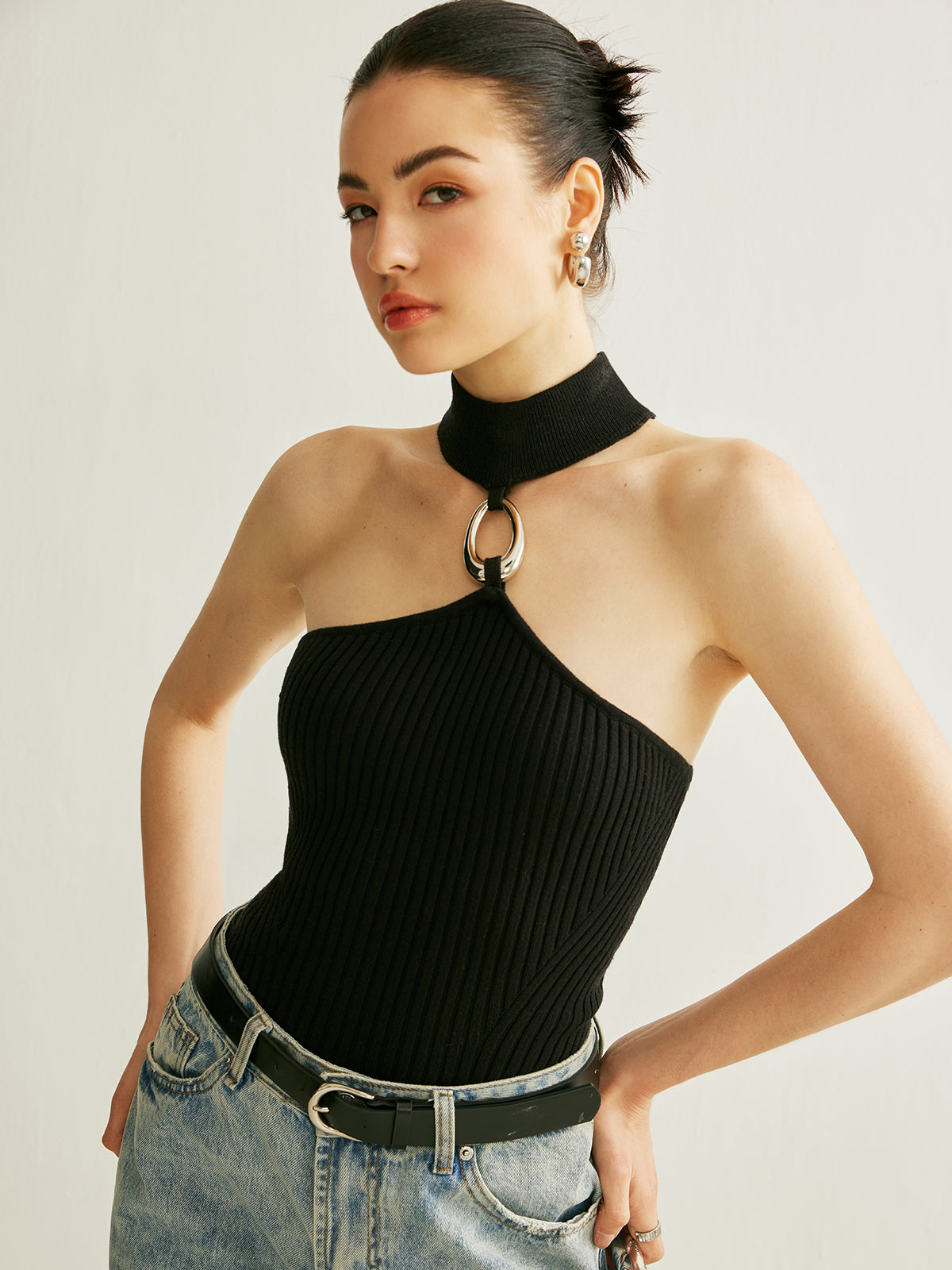 Ring Detail Ribbed Halter Top