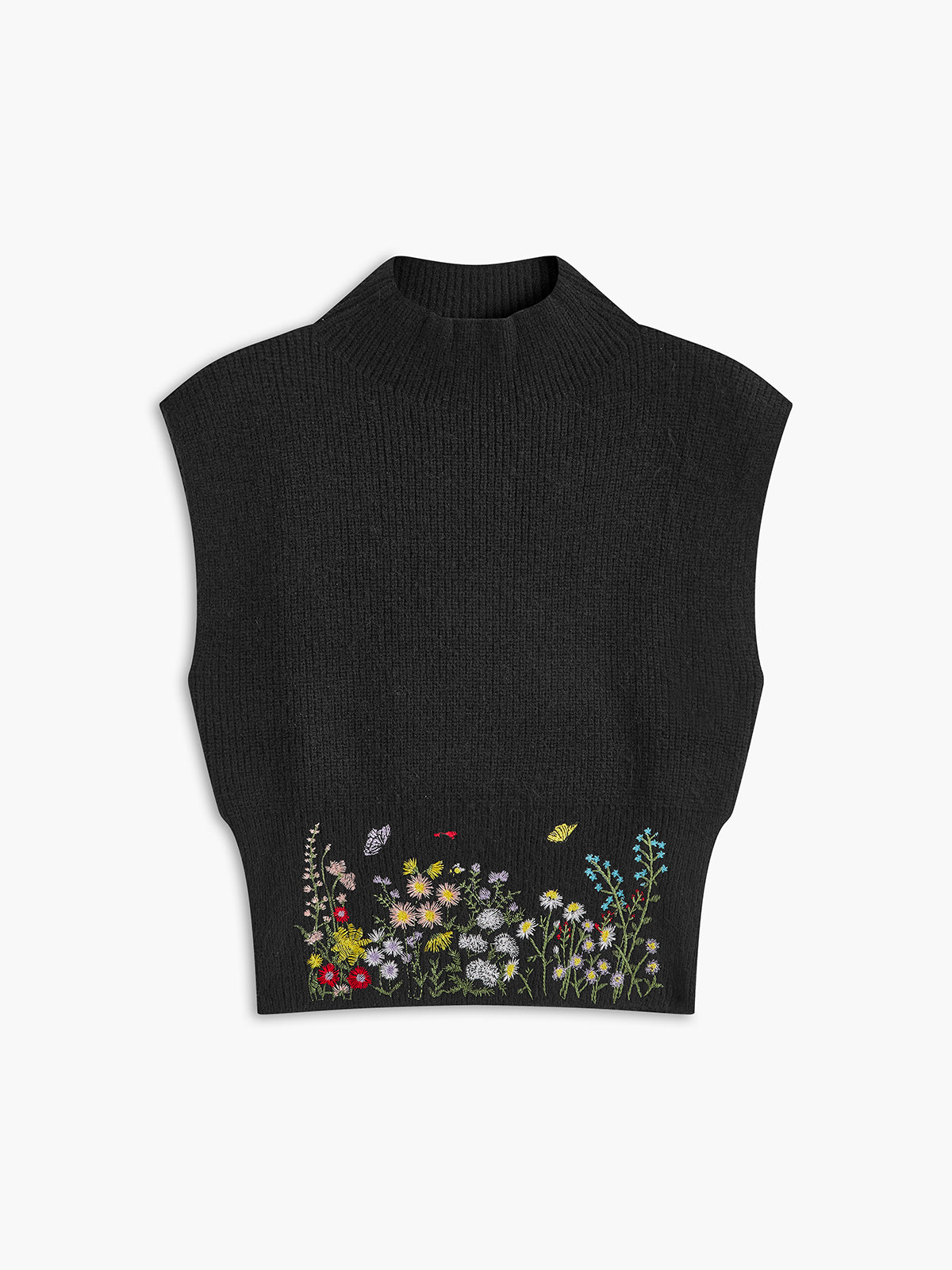 Stand Collar Embroidery Floral Sweater Vest