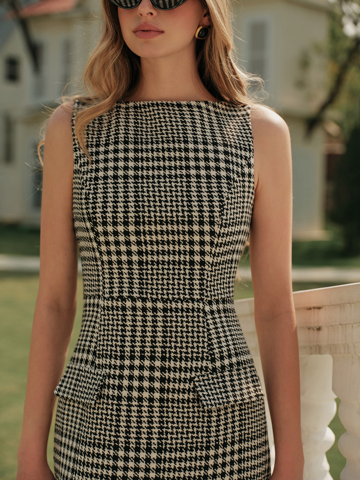 Houndstooth Tweed Zipper Dress