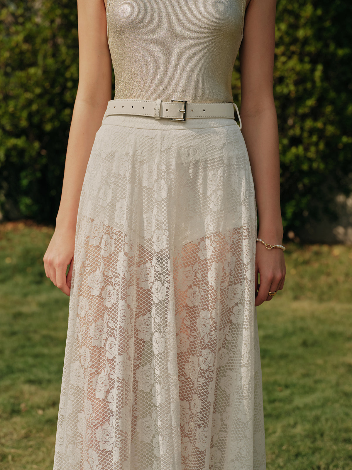 Sheer Lace Split Skirt With Belt