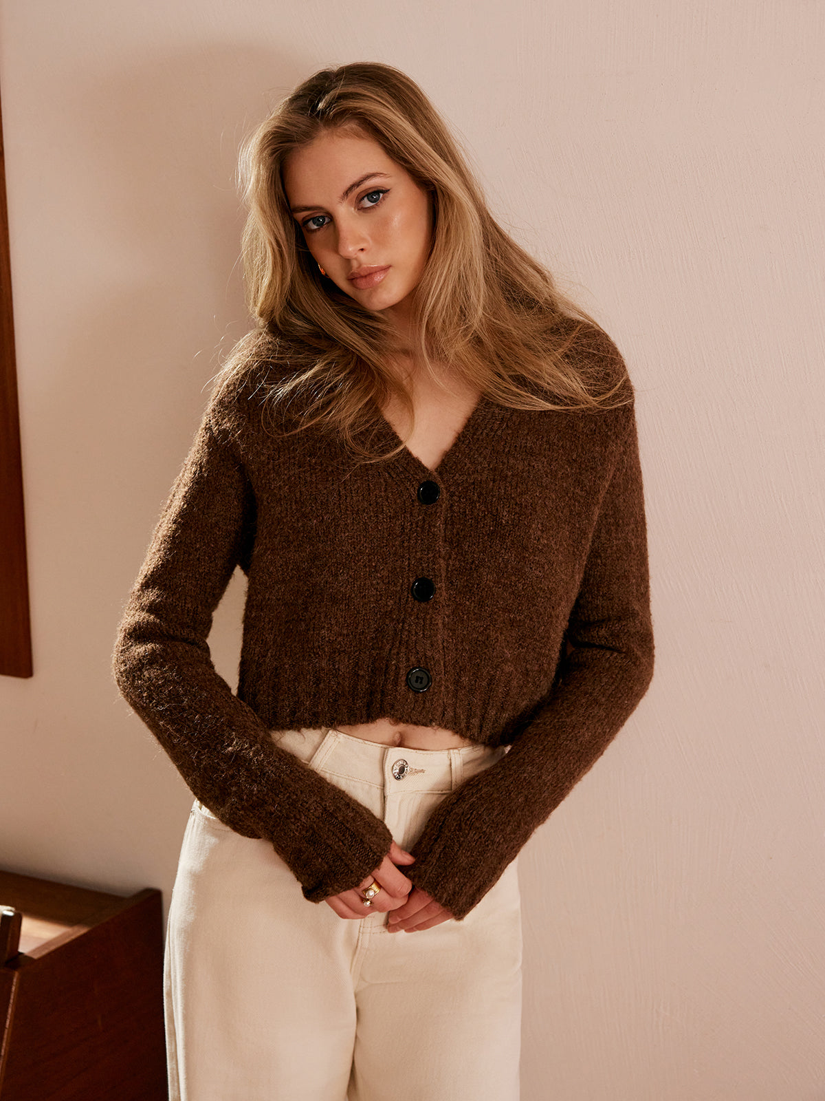 Wool-Blend V-Neck Short Cardigan