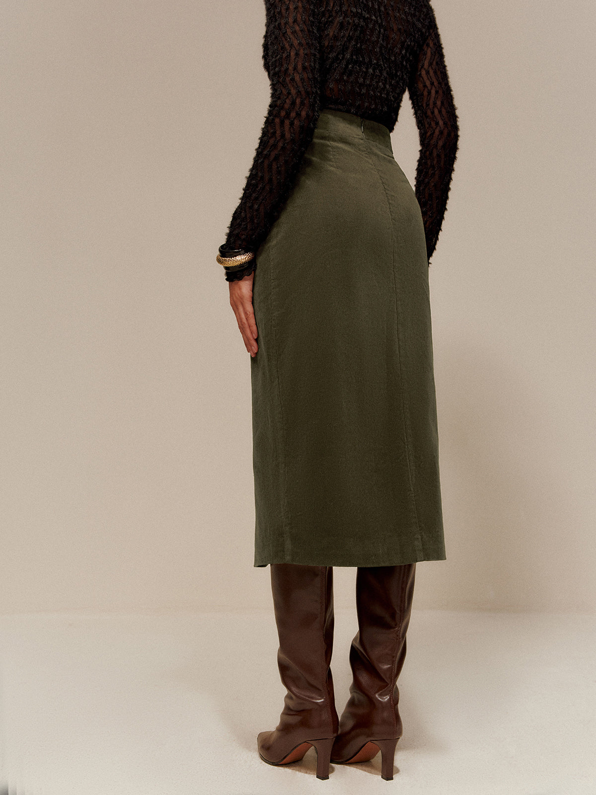 Split Front Corduroy Skirt Without Belt