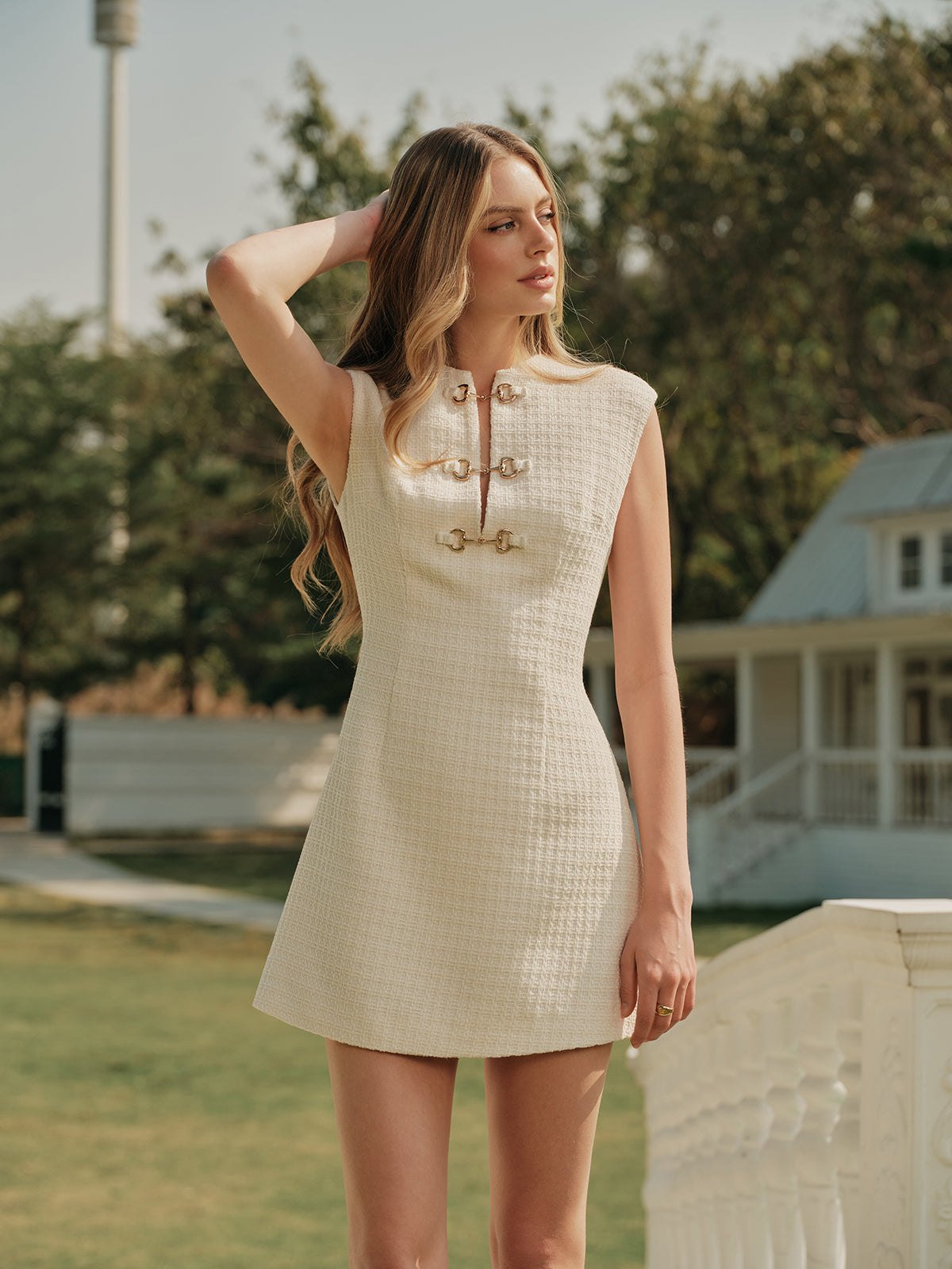 Metal Button Tweed Sleeveless Dress