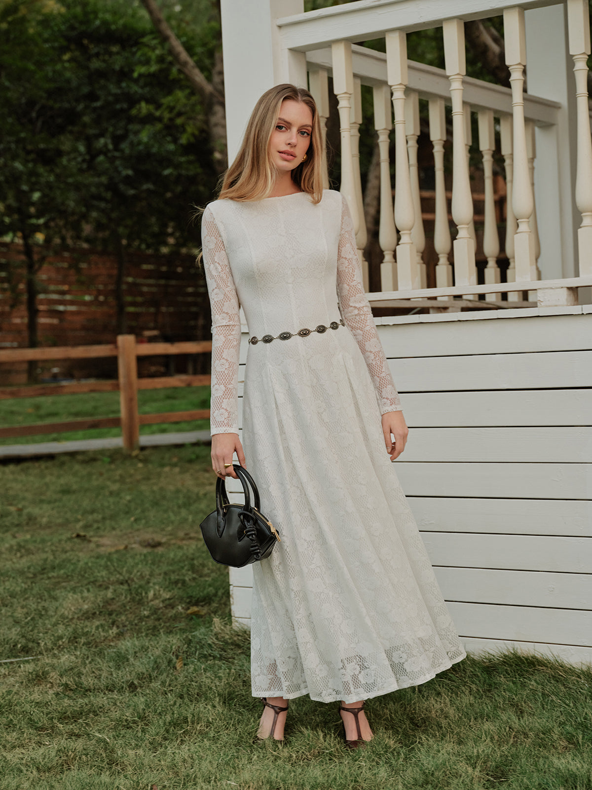 Crew Neck Lace Long Sleeve Dress Without Belt