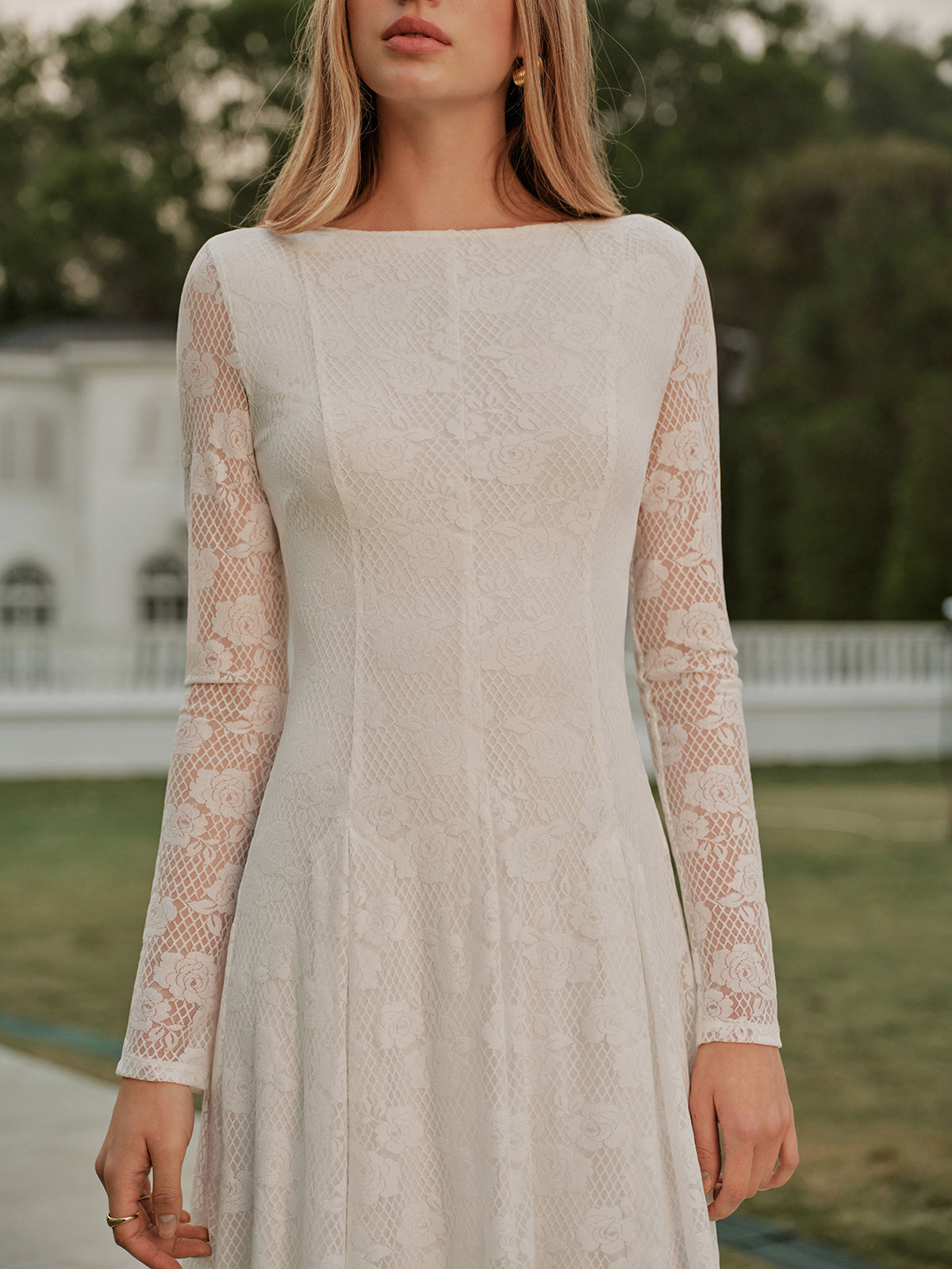 Crew Neck Lace Long Sleeve Dress Without Belt