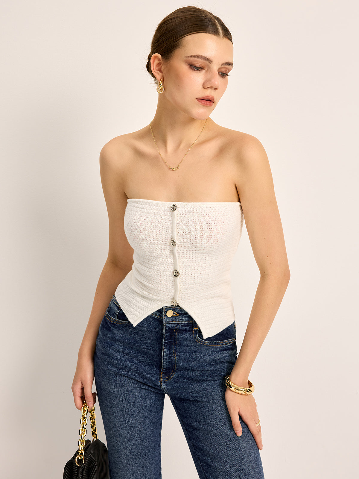 Button-Front Knit Strapless Top