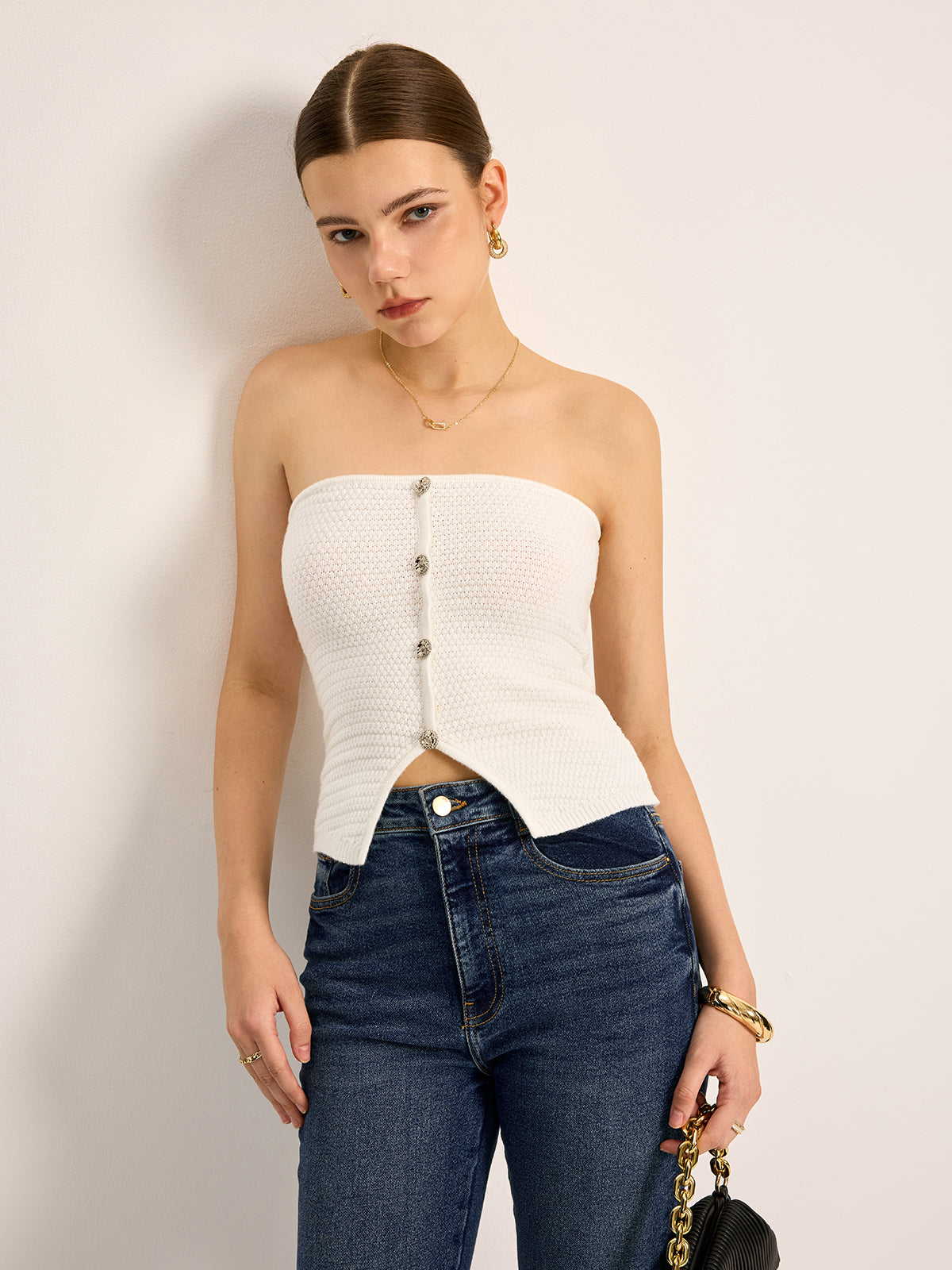 Button-Front Knit Strapless Top