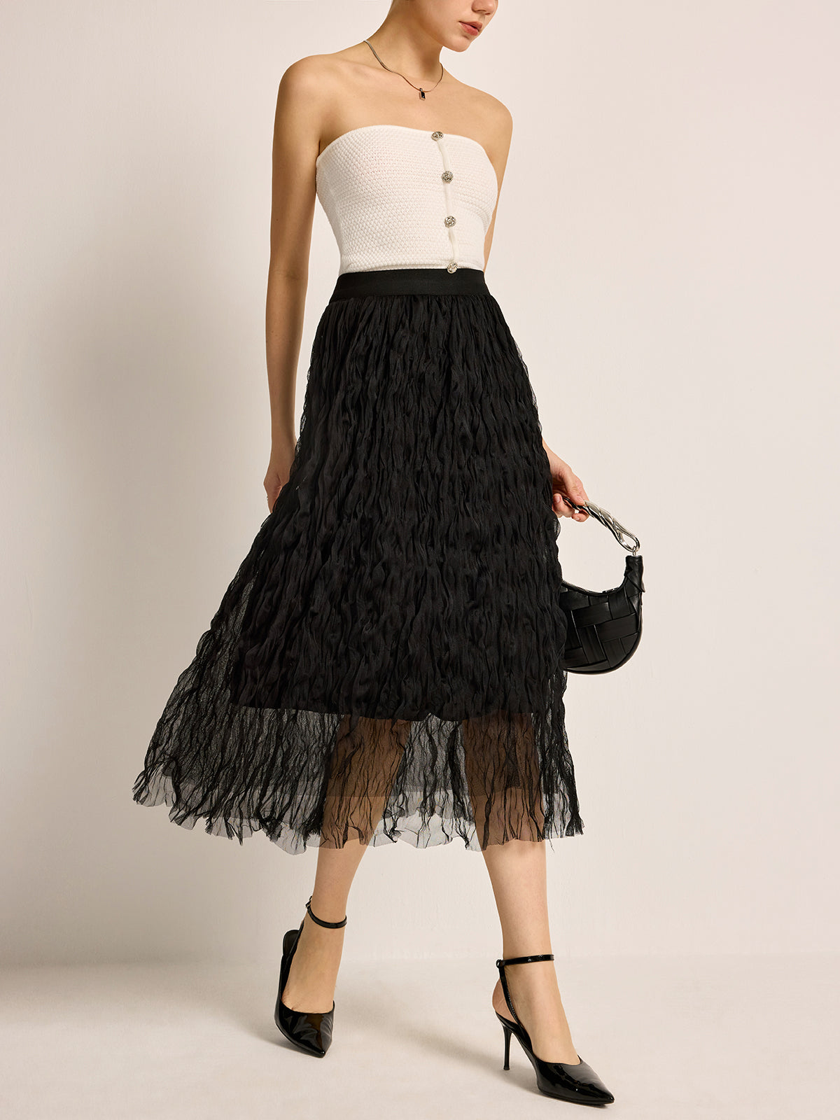 Pleated Tulle Midi Skirt