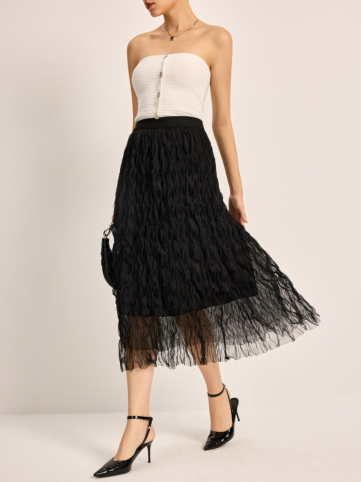 Pleated Tulle Midi Skirt