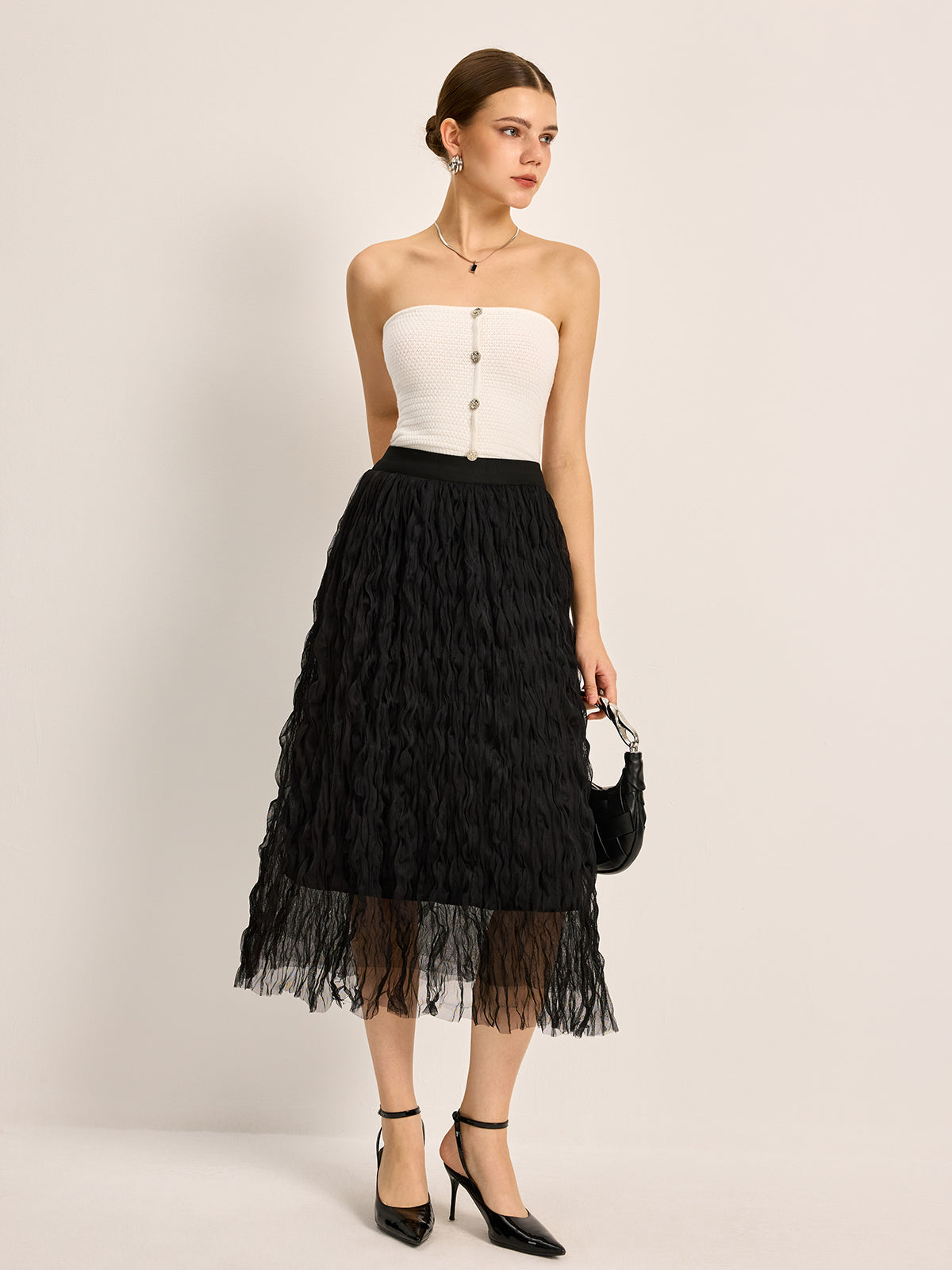 Pleated Tulle Midi Skirt