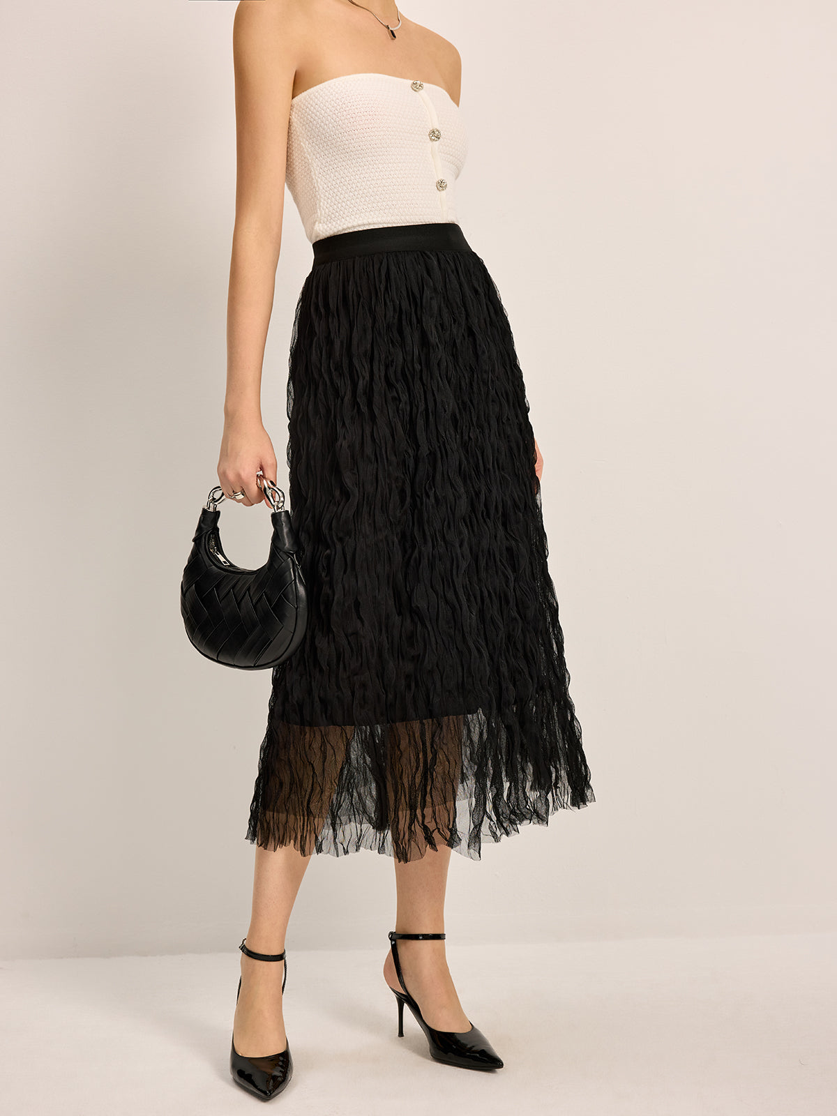 Pleated Tulle Midi Skirt