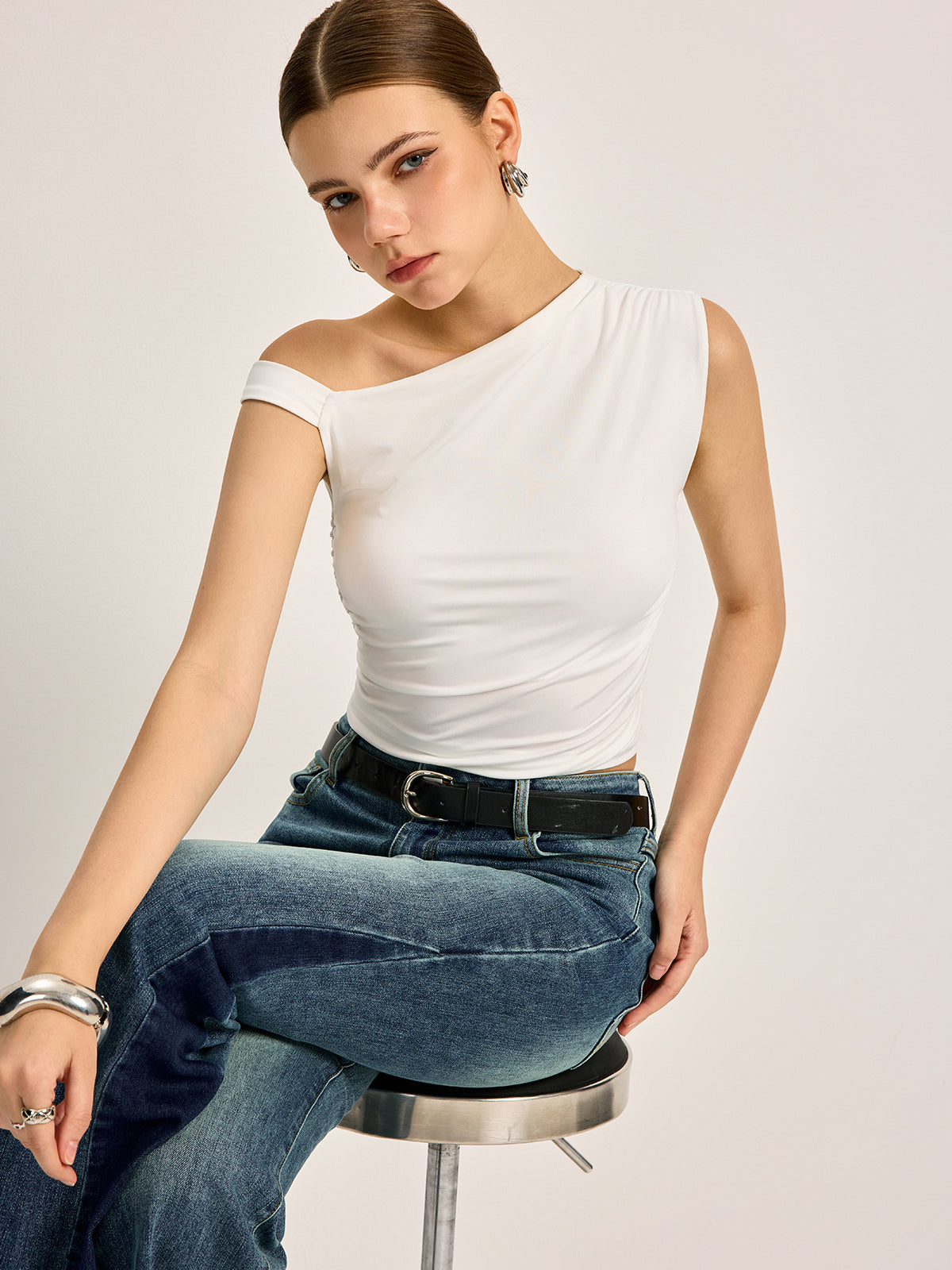 Asymmetrical Cutout Ribbed Top