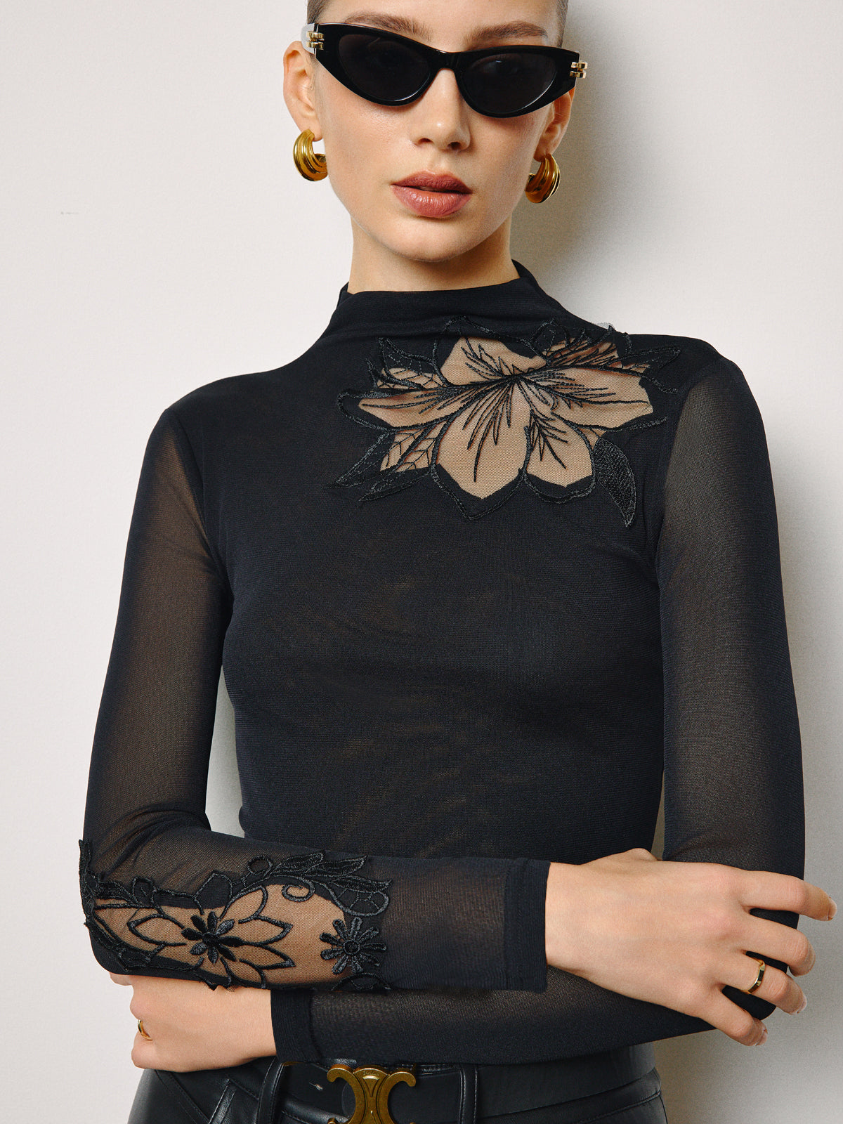 Mesh-Floral Slim Jersey Top