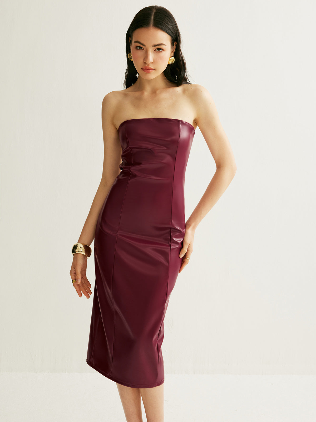 PU Split Strapless Dress