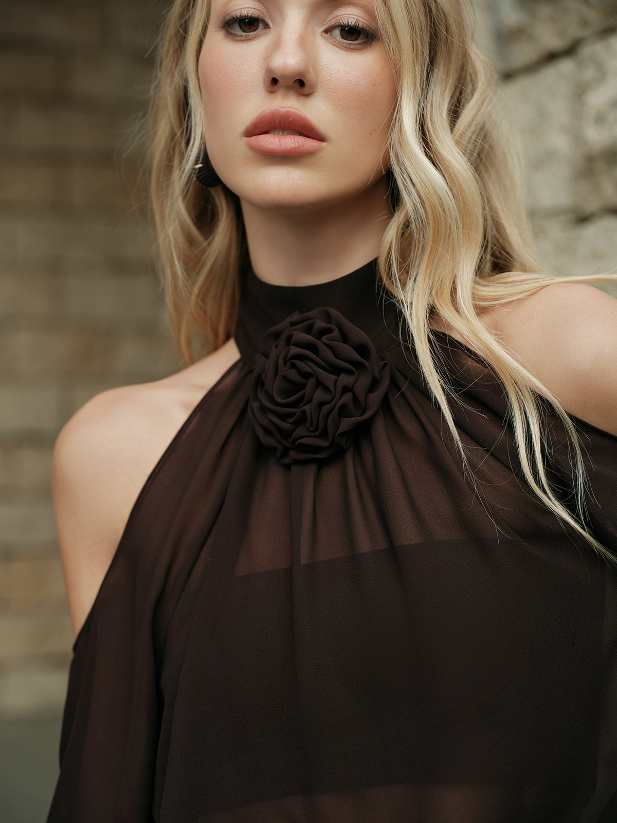 Floral Detail Sheer Cold-Shoulder Top