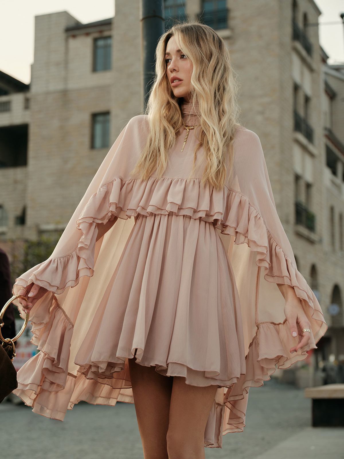 Chiffon Ruffle Dress With Outer Cape