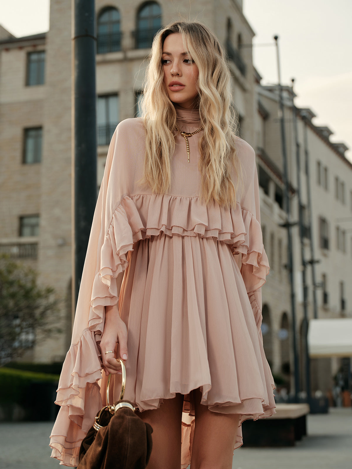 Chiffon Ruffle Dress With Outer Cape