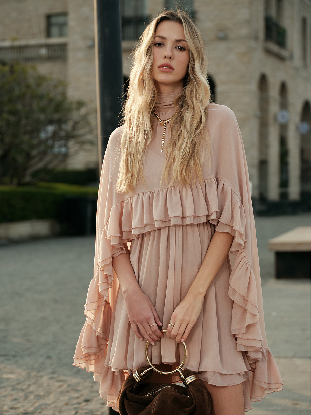 Chiffon Ruffle Dress With Outer Cape