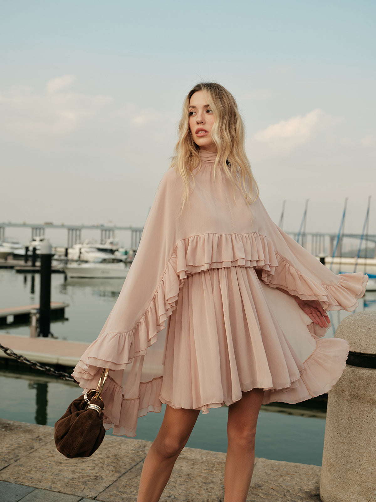 Chiffon Ruffle Dress With Outer Cape