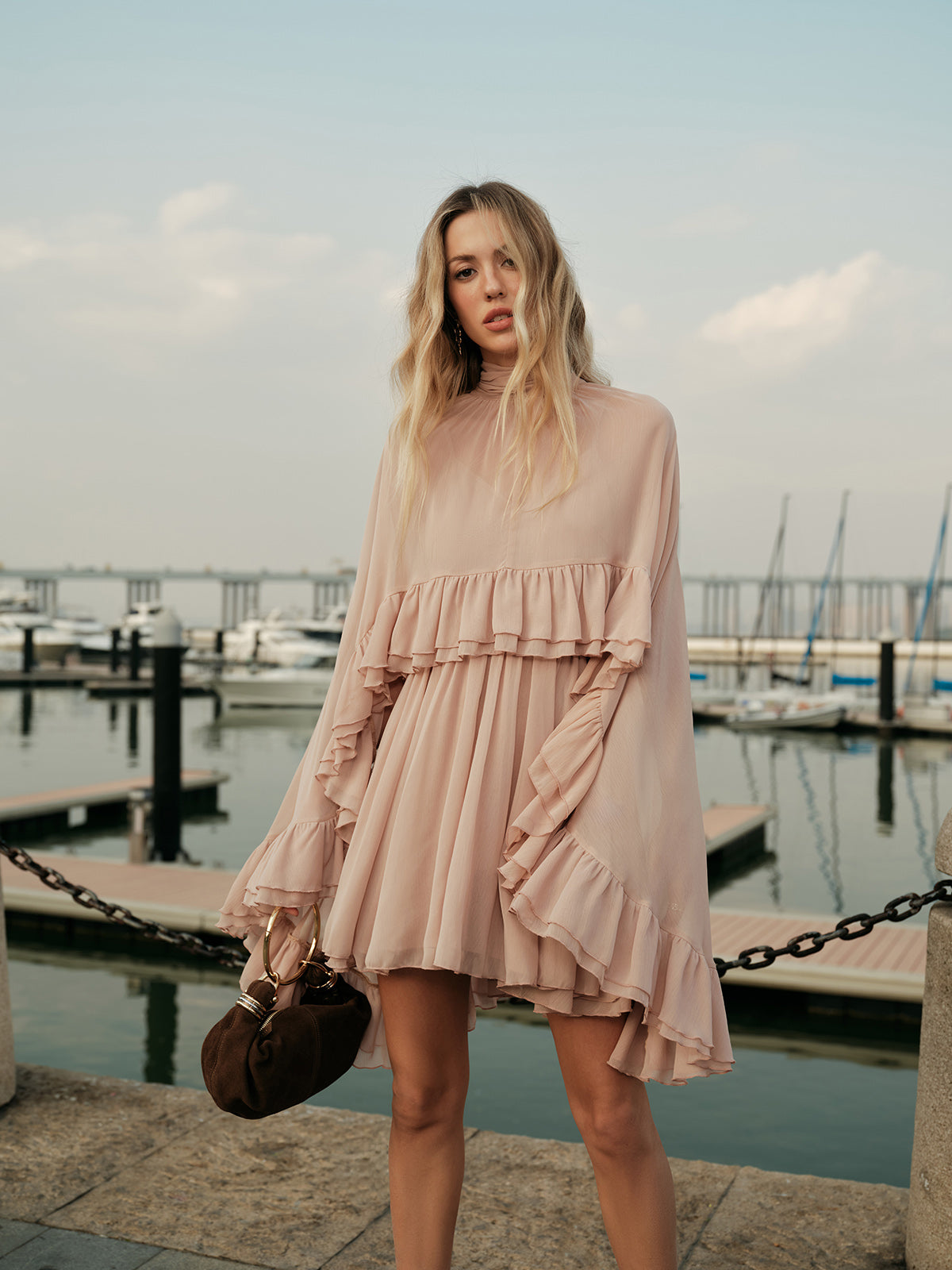 Chiffon Ruffle Dress With Outer Cape