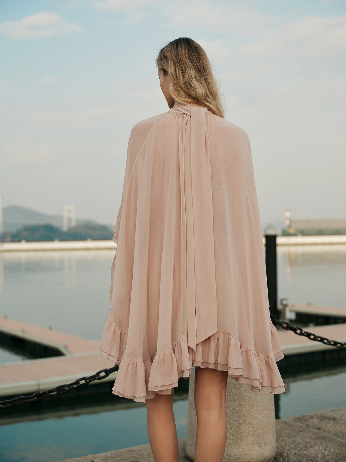 Chiffon Ruffle Dress With Outer Cape