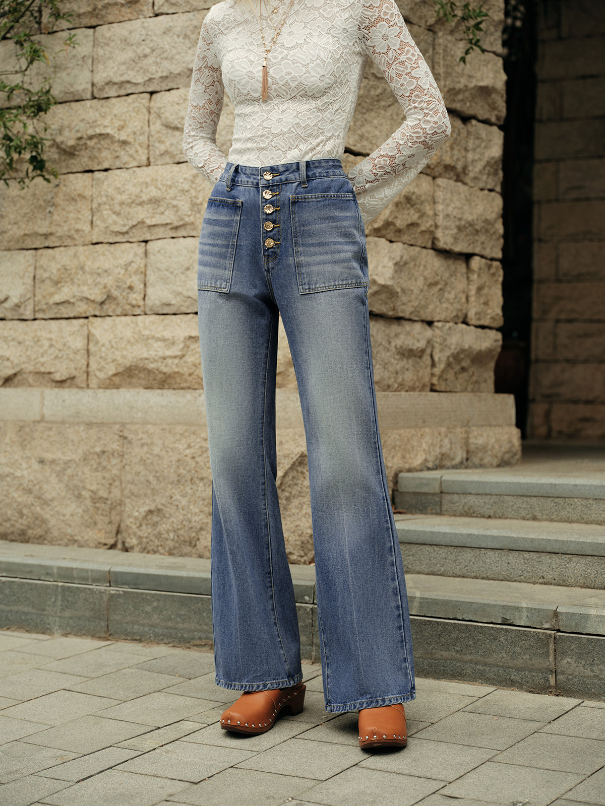 Button Detail High-Waisted Flared Denim Pants