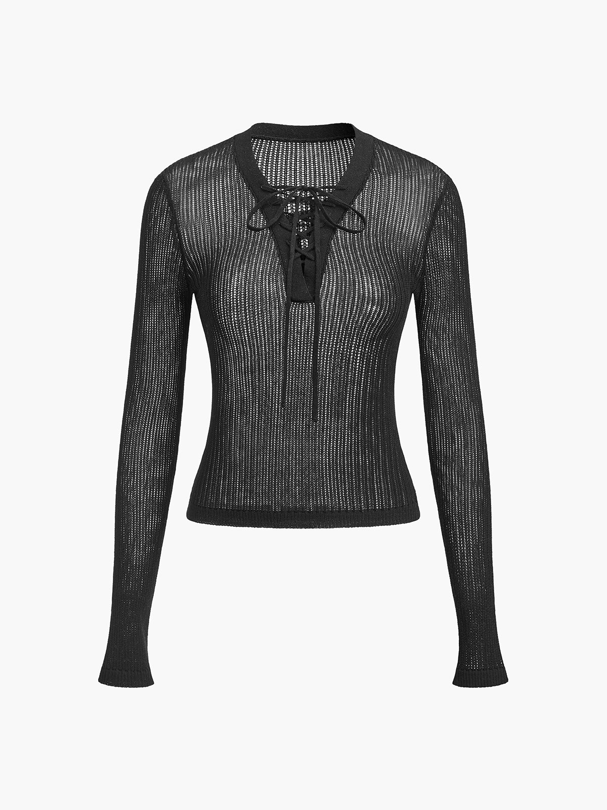 Lace-Up Front Sheer Long Sleeve Sweater