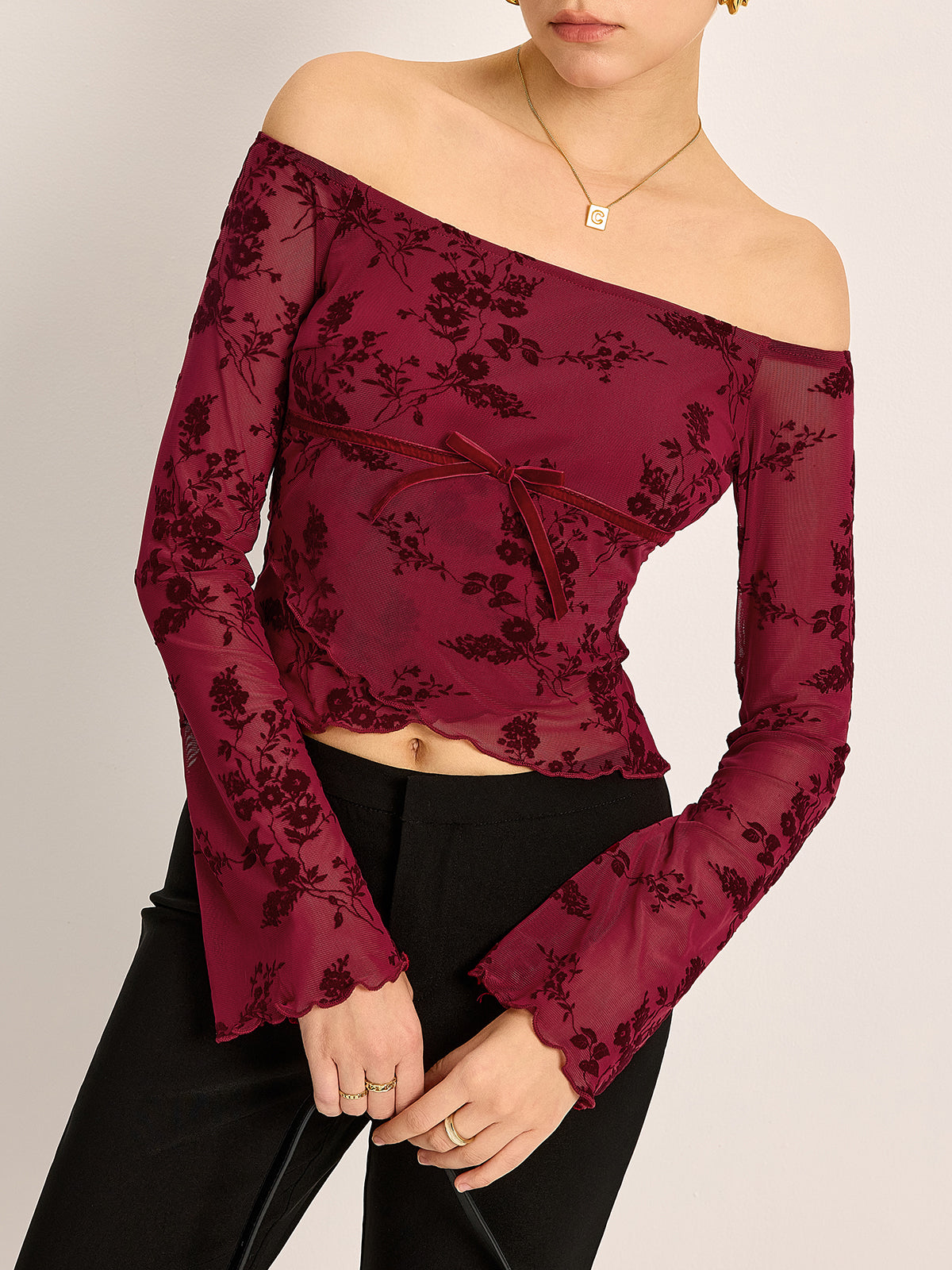 Off-Shoulder Floral Print Long Sleeve T-Shirt