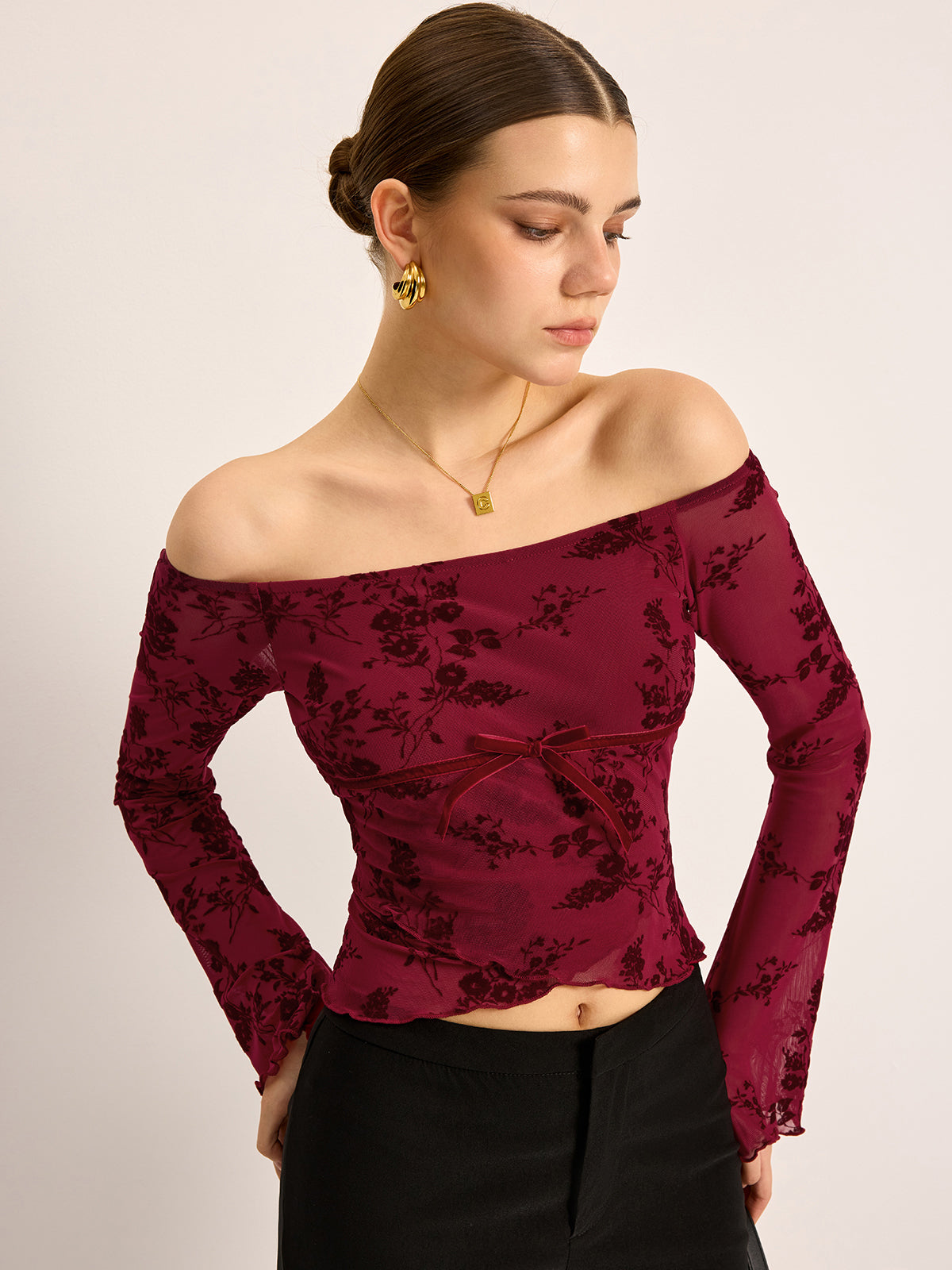 Off-Shoulder Floral Print Long Sleeve T-Shirt