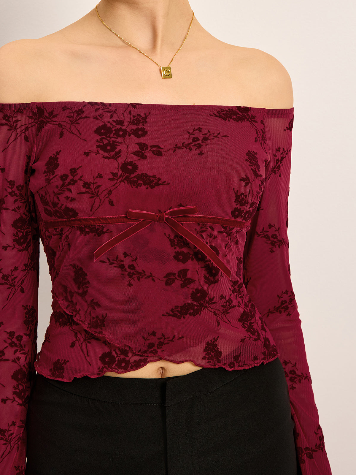 Off-Shoulder Floral Print Long Sleeve T-Shirt