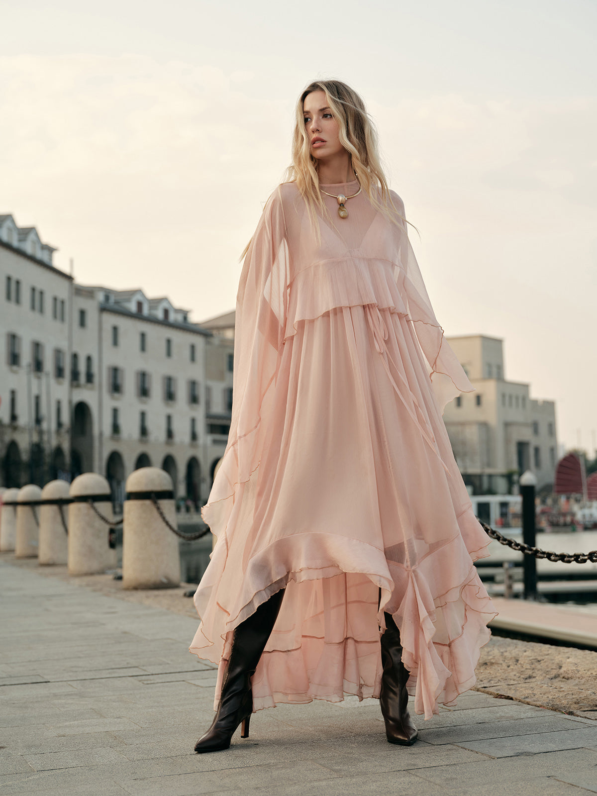 Chiffon Layered Dress With Cloak